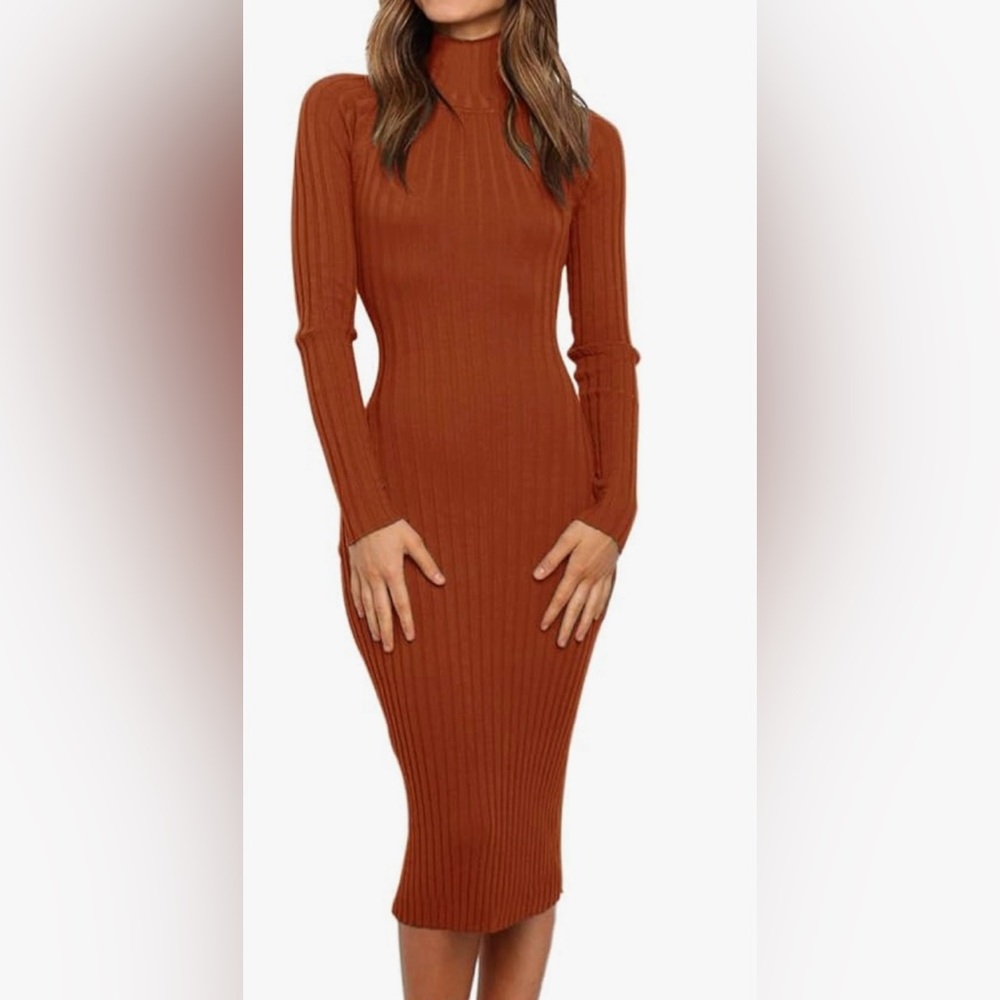Merokeety Long Sleeve Orange Ribbed Sweater Dress - Size Small